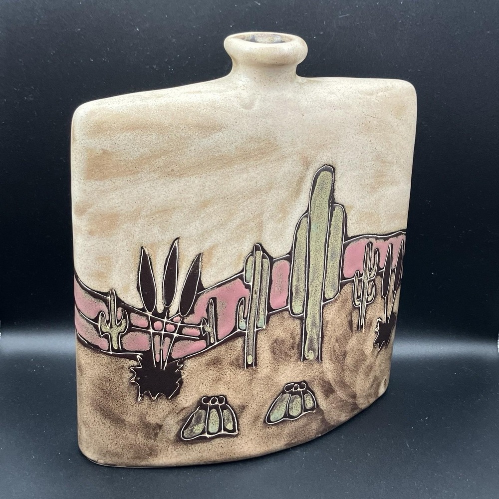 Vtg Mara Mexico Stoneware Pottery Vase / Saguaro Cactus & Desert Landscape Art